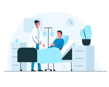 Kadın doktor hastane koğuşunda bir hastayla konuşuyor. Hastane vizitesinde bir hastayı kontrol eden dost canlısı bir doktor. Hastane koğuşunda iyileşen yatakta yatan gülümseyen bir adamın vektör çizimi.