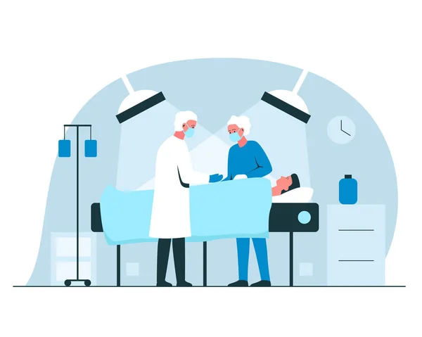 Cirurgião e enfermeiro realizando uma operação na sala de cirurgia em um hospital. Ilustração do conceito vetorial de um homem sob as luzes anestesiadas —  Vetores de Stock