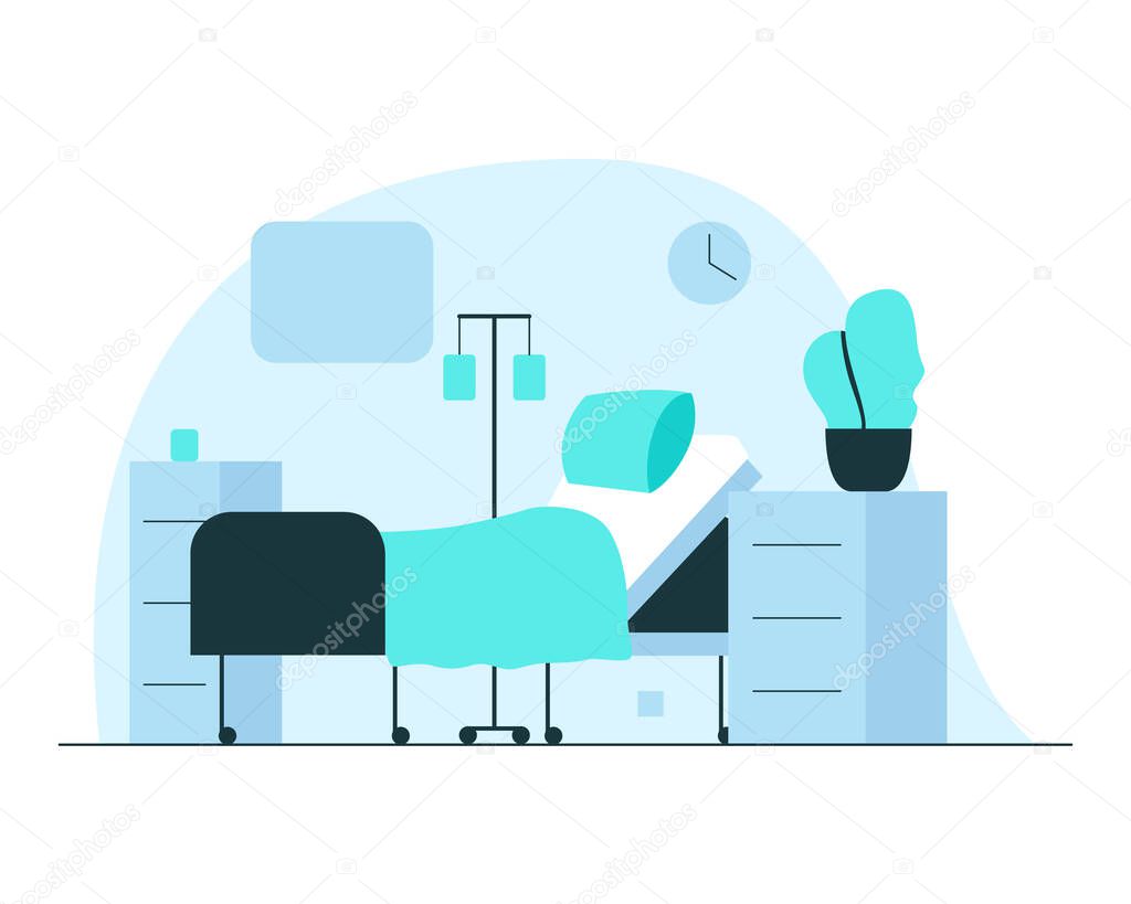 Hospital ward interior. Vector concept colorful illustration of a modern hospital ward interior with bed, lockers, dropper and plant in a flowerpot. Concept of hospital rooms atmosphere and equipment