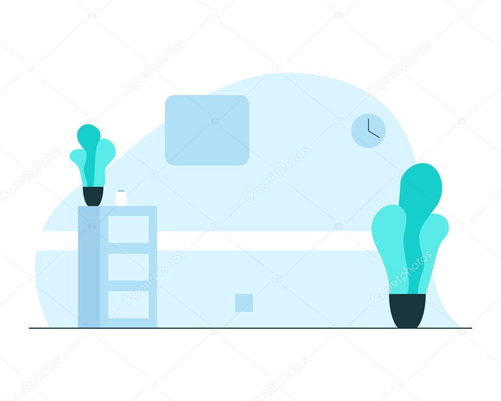 Empty hospital ward interior. Vector concept colorful illustration of a modern hospital ward interior with locker, plants, wall clock and medecine bottle. Concept of hospital rooms atmosphere and equipment