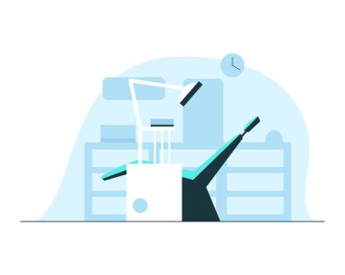 Dişçi bürosunun içi. Dişçi koltuğu, lamba, tıbbi gereçler, duvar saati olan modern minimalist bir dişçi ofisinin vektör konsepti. Boş hazırlanmış dişçi odası