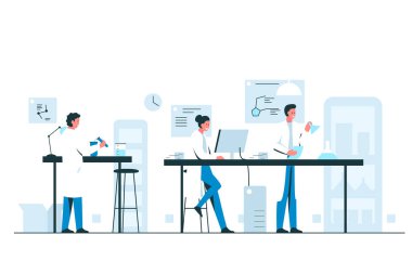 Laboratuvarda çalışan biyologlar. Bir kimya laboratuvarında araştırma yapan bir grup bilim adamının vektör renkli çizimi. Mataralarla modern bir laboratuvar iç mekanının takım çalışması çizimi