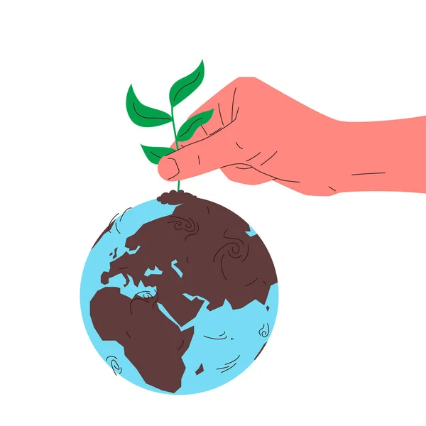 地球は緑の惑星だ 地面に緑の小枝を植える手で地球の地球のベクトルコンセプトカラフルなイラスト 緑の空間保護 環境保全 生態系の概念 — ストックベクタ
