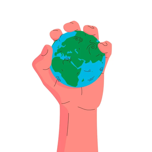 地球は手の中にある 世界を絞る手のベクトルコンセプトカラフルなイラスト 青と緑の惑星地球のヤシの木に圧迫 環境汚染 資源管理の概念 — ストックベクタ