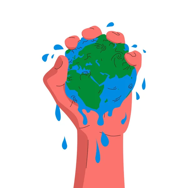 地球は手の中にある 世界を絞る手のベクトルコンセプトカラフルなイラスト 青と緑の惑星地球のヤシの木に圧迫 環境汚染 地球温暖化の概念 — ストックベクタ