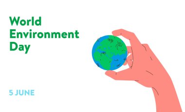 Dünya küresi el ele tutuşuyor. Mavi ve yeşil dünya gezegeninin ve onu tutan insan elinin vektör konsepti. Dünya Çevre Günü, 5 Haziran, Çevre Koruma