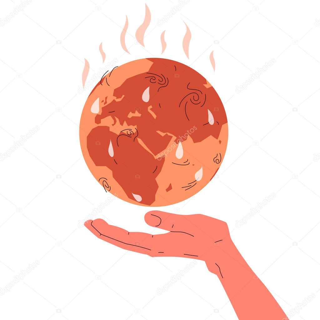 Earth global warming poster. Vector concept colorful illustration of dry, hot and red planet earth globe with steam and drops of sweat. Hand holding earth globe suffering from global warming