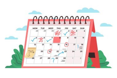 Calendar time management concept. Vector colorful conceptual illustration of a big desk calendar showing monthly schedule with notes and check marks. Concept of time management, monthly schedule, timetable clipart