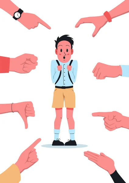 Bullying school poster. Vector illustration of a shy confused boy with backpack stands at school and others laughing and mocking at him and point fingers at him. School bullying, intimidation, scare — Stock Vector