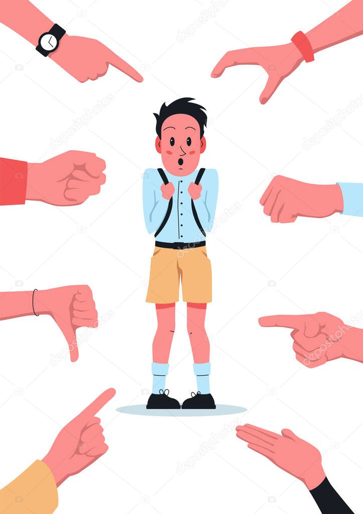 Bullying school poster. Vector illustration of a shy confused boy with backpack stands at school and others laughing and mocking at him and point fingers at him. School bullying, intimidation, scare