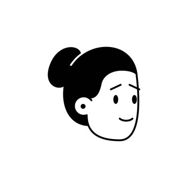 Gülümseyen bir kızın portresi. Modaya uygun saç kesimi olan mutlu, gülümseyen tatlı bir kızın siyah-beyaz bir yüz çizimi. Kadın yüzünün avatar veya karakter portresi olarak kullanılacak basit simge görüntüsü