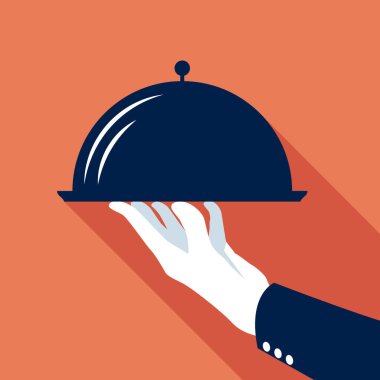 Garson el düz ikon. Garsonun elindeki paslanmaz çelik bir tabağın düz bir temsili. Yemek servisi yapma, restoranda yemek yeme, yemek pişirme kavramını temsil eder.