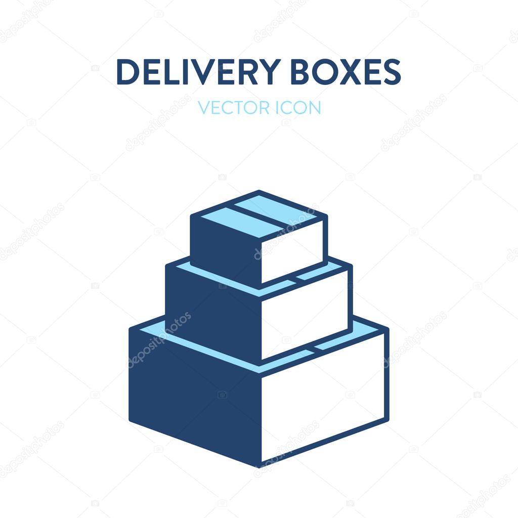 Stack of delivery boxes flat isometric icon. Vector colorful illustration of closed cardboard boxes of different sizes. Postal service, parcel package, delivery service icon, packing things