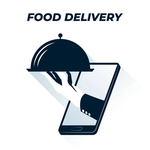 Заказ еды онлайн с доставкой плоской иконки. Векторная иллюстрация руки официанта, обслуживающего лоток через экран смартфона. Представляет концепцию доставки продуктов питания, онлайн-заказ продуктов питания, мобильное приложение, — стоковый вектор