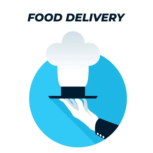 Matleverans platt ikon. Vektor illustration av en servitör hand med en matbricka. Representerar begreppet mat leverans och matlagning, kock hatt, restaurang kock — Stock vektor