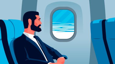Uçakta camdan dışarı bakan bir iş adamının düz çizimi. Birinci sınıf uçuşla iş seyahatinde takım elbiseli adam. Uçakta bulutlara bakan biri var.