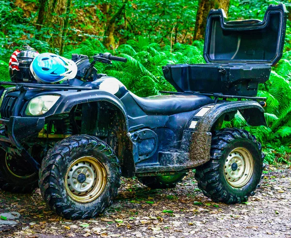 Quad bike with mud in the forest road. — Stock Photo, Image