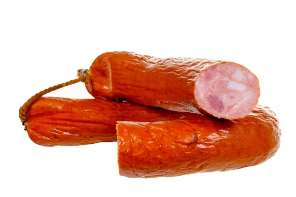 Delicious smoked sausage isolated on white background. — Stock Photo, Image