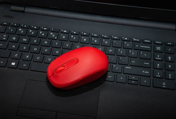 A red mouse on the keyboard of a laptop.