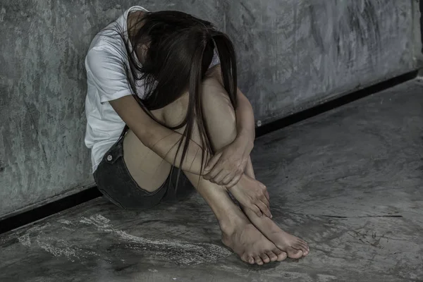 Girl Sadness Sits Hugging Him Because Sexual Abuse Trafficking Stopping — Stock Photo, Image