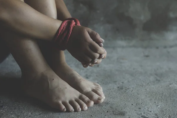 Kidnapped Boy Tied Rope Stop Abusing Violence Concept Kidnapping Violence — Stock Photo, Image