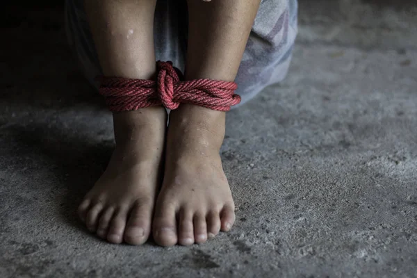 Kidnapped Boy Tied Rope Stop Abusing Violence Concept Kidnapping Violence — Stock Photo, Image