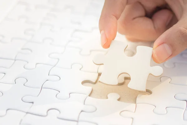 Hands Put Puzzle Pieces Last Jigsaw Puzzle Business Concept Completing — Stock Photo, Image