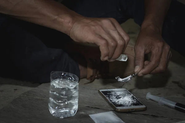 Los Hombres Toman Heroína Ley Concepto Policial Junio Día Internacional —  Fotos de Stock