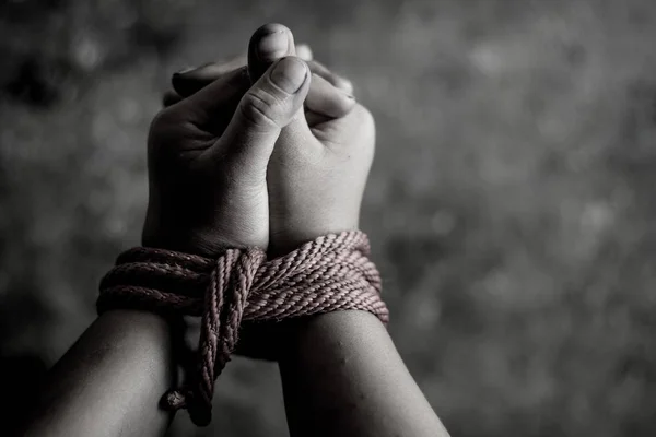 Kidnapped Boy Tied Rope Human Rights Victims Human Trafficking Violence — Stock Photo, Image
