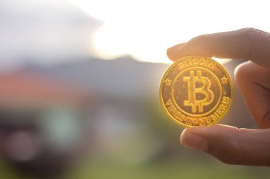 Altın bitcoin kripto para birimi kavramı onun elinde tutan kız.