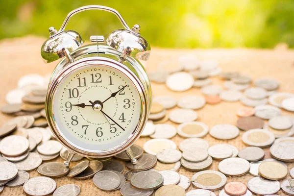 Coin Alarm Clock Placed Hemp Sacks Money Financial Business Growth — Stock Photo, Image