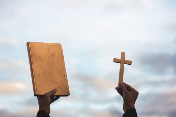 Human Hand Holds Cross and Bible, Worship, sins and prayer, Religious concept.