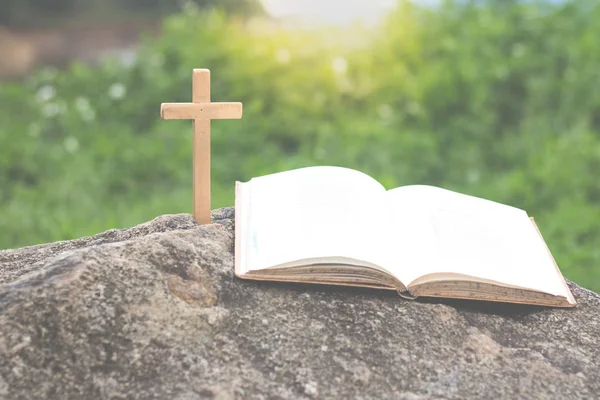 Krzyża Biblia Jest Skale Zielone Tło Kultu Grzechy Modlitwy — Zdjęcie stockowe