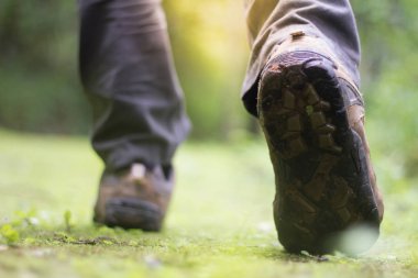 Bir orman yolu ve hiking yaşam tarzı üzerinde yürüyen ayakkabı adam. kavram seyahat hiking.