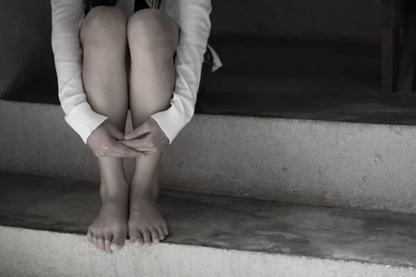 Women Sitting Stairs Alone Depression Family Problems Kitchen Abuse People — Stock Photo, Image