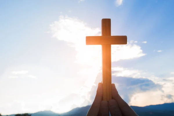 Silhouette Hands Holding Wooden Cross Sunrise Background Crucifix Symbol Faith — Stock Photo, Image