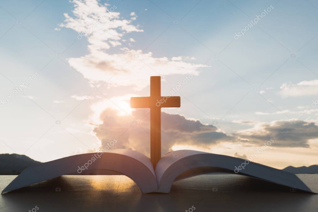 open Bible, script in blur with focus on palm cross,on sunrise background, Crucifix, Symbol of Faith.