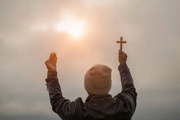 Human Hand Holds Cross Open Palm Worship Eucharist Therapy Bless — Stock Photo, Image