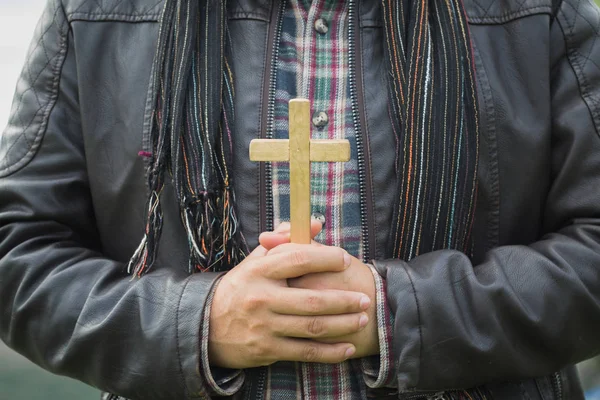 Human Hand Holds Cross Eucharist Therapy Bless God Helping Repent — Stock Photo, Image