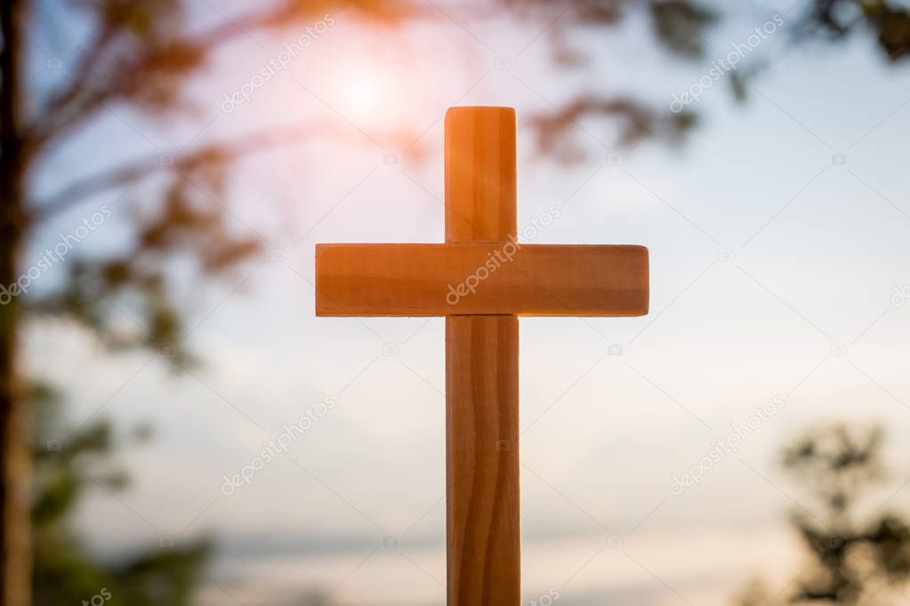 Christ Jesus  cross in the sunrise colored sky background, Worship,  Religious concept., Eucharist Therapy Bless God Helping Repent Catholic Easter Lent Mind Pray. 