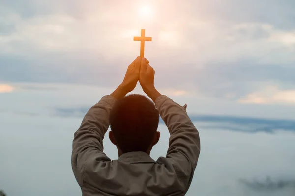 Silhouette Hands Holding Wooden Cross Sunrise Background Crucifix Symbol Faith — Stock Photo, Image