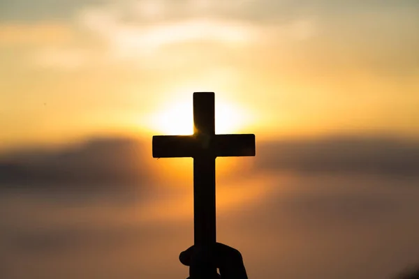 Woman Hand Holding Holy Lift Christian Cross Light Sunset Background — Stock Photo, Image