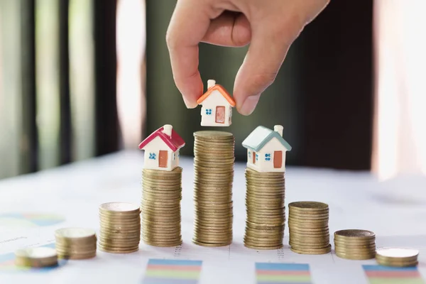 Woman Hand Hold Home Model Put Stack Coin Growing Savings — Stock Photo, Image