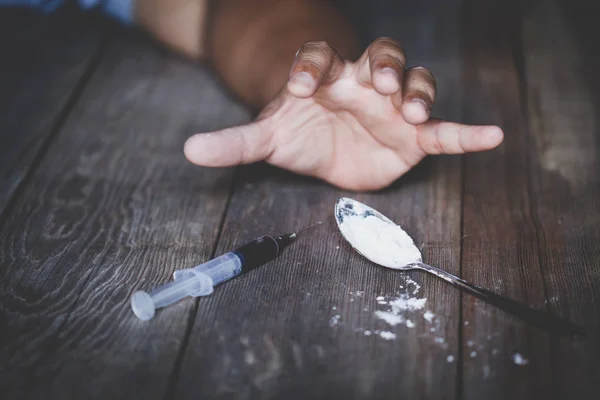 Crazed Drug Addict Reaches Another Dose Drug Syringe Guy Addicted — Stock Photo, Image