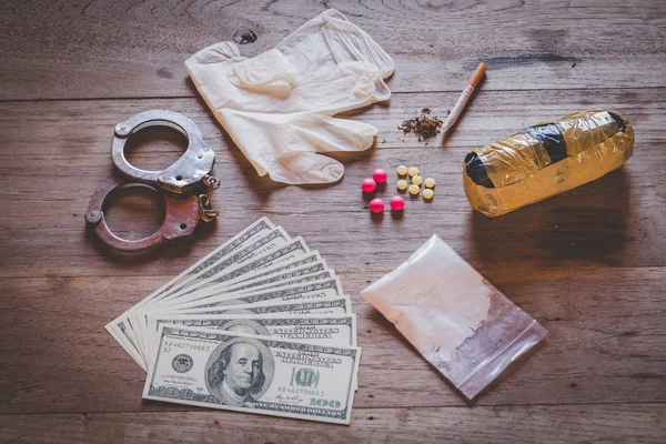 Drugs Various Kinds Wooden Table Collection Different Hard Drugs Heroin — Stock Photo, Image