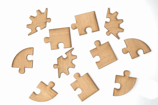 Puzzle Legno Pezzi Puzzle Isolato Sfondo Bianco — Foto Stock