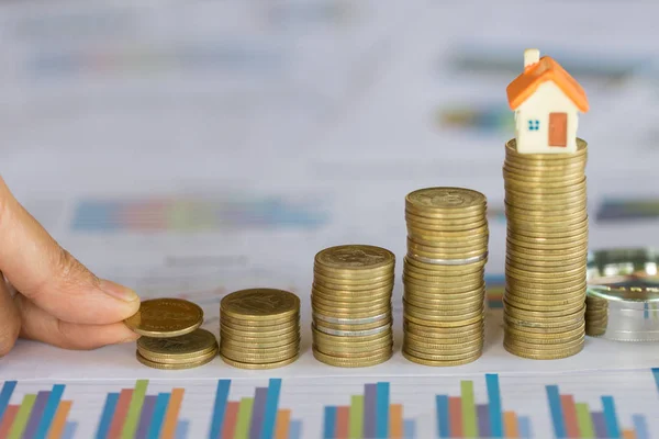 Hand Putting Money Coin Stack Small House Purchase Habitation Buy — Stock Photo, Image