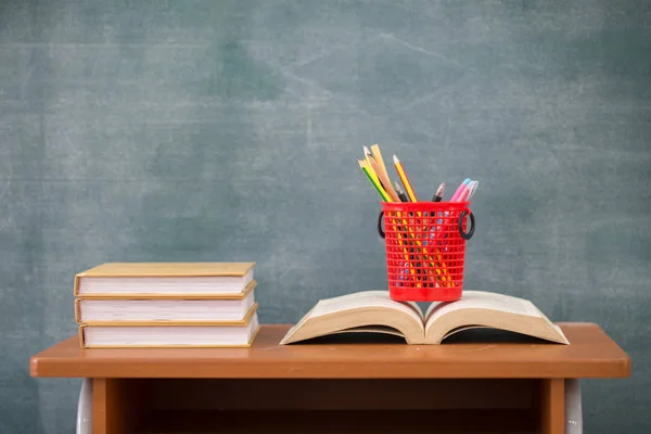 School Books Desk Back School Supplies Books Blackboard Background Education — Stock Photo, Image