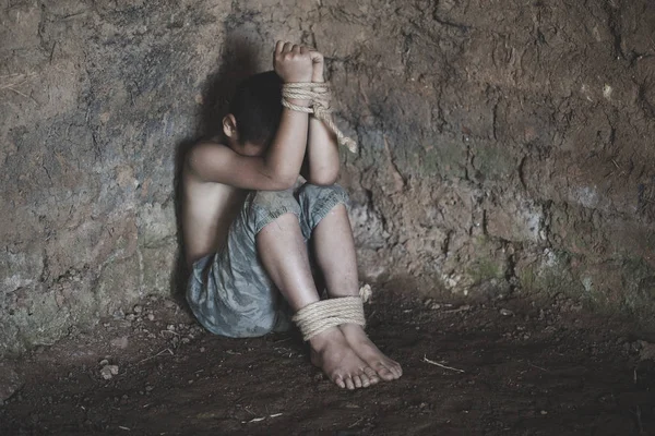 Boy Tied Corner Abandoned House Stop Violence Children Trafficking — Stock Photo, Image