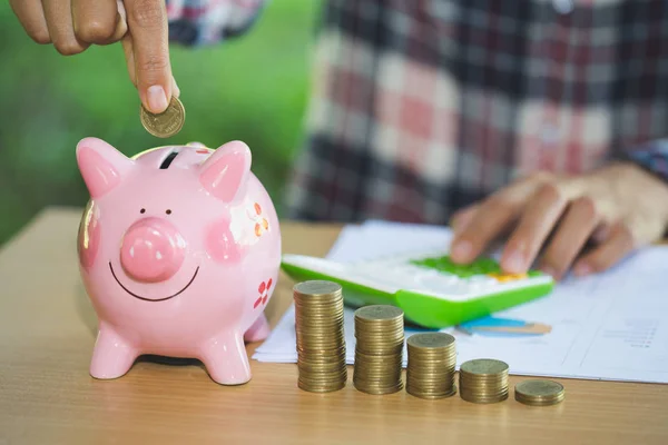 Close Female Hand Putting Coin Piggy Bank Money Future — Stock Photo, Image